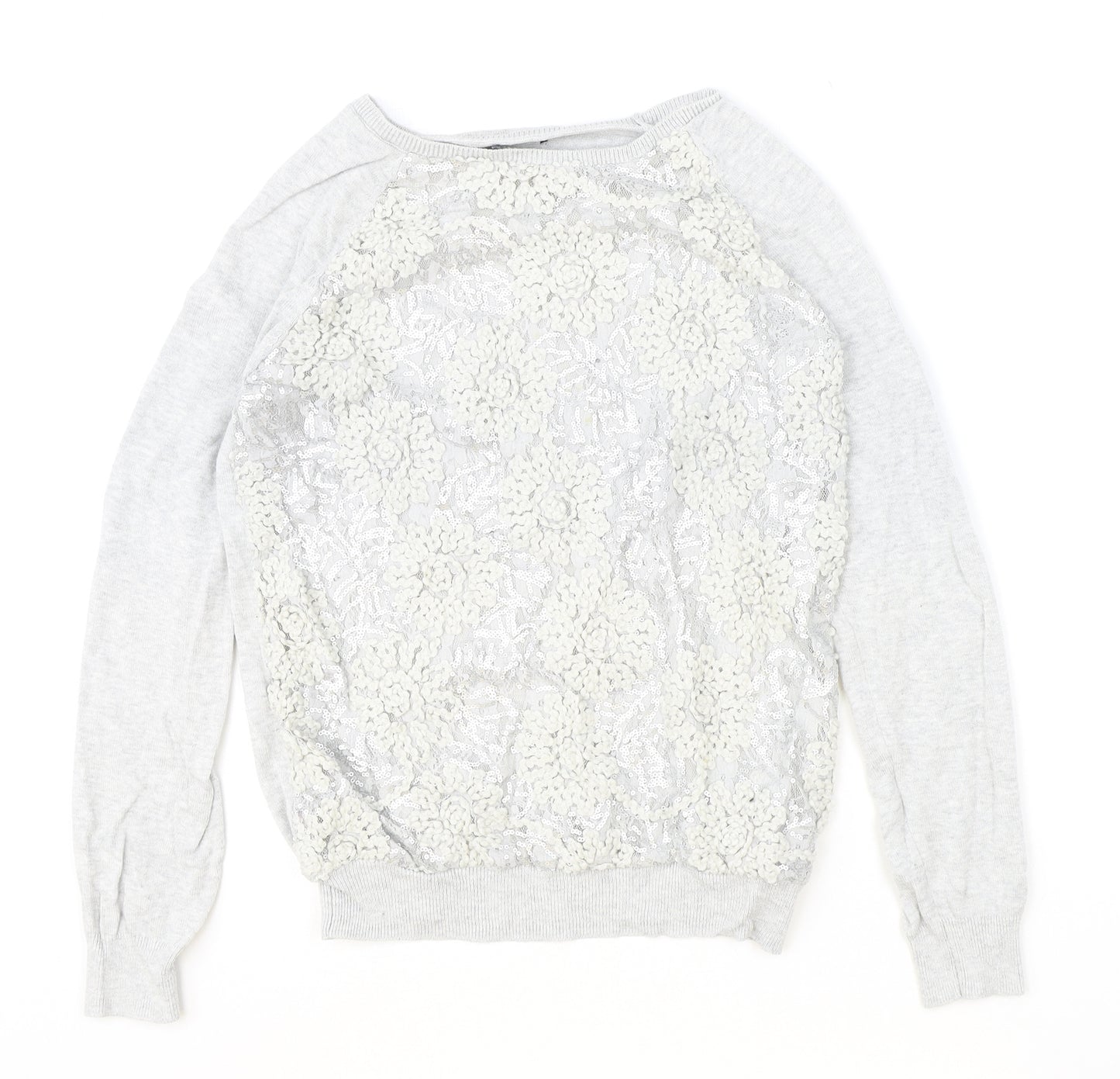 F&F Womens Grey Boat Neck Floral Cotton Pullover Jumper Size 12 - Lace Detail