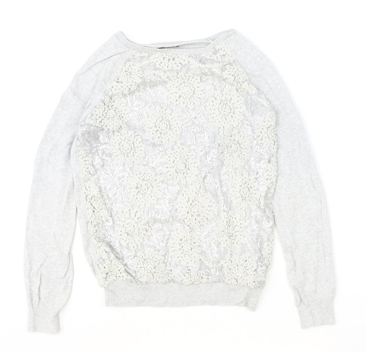 F&F Womens Grey Boat Neck Floral Cotton Pullover Jumper Size 12 - Lace Detail