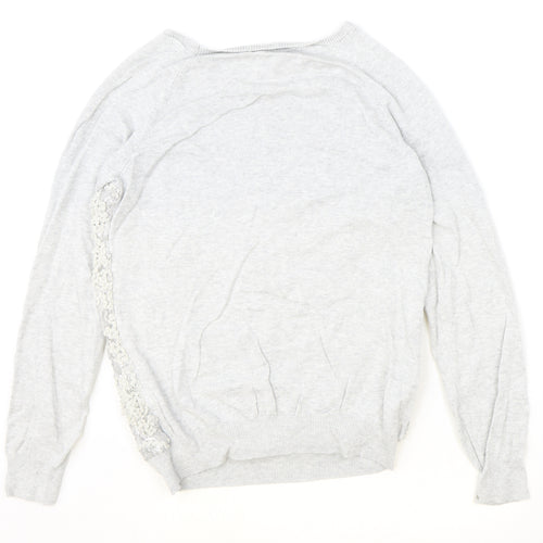 F&F Womens Grey Boat Neck Floral Cotton Pullover Jumper Size 12 - Lace Detail