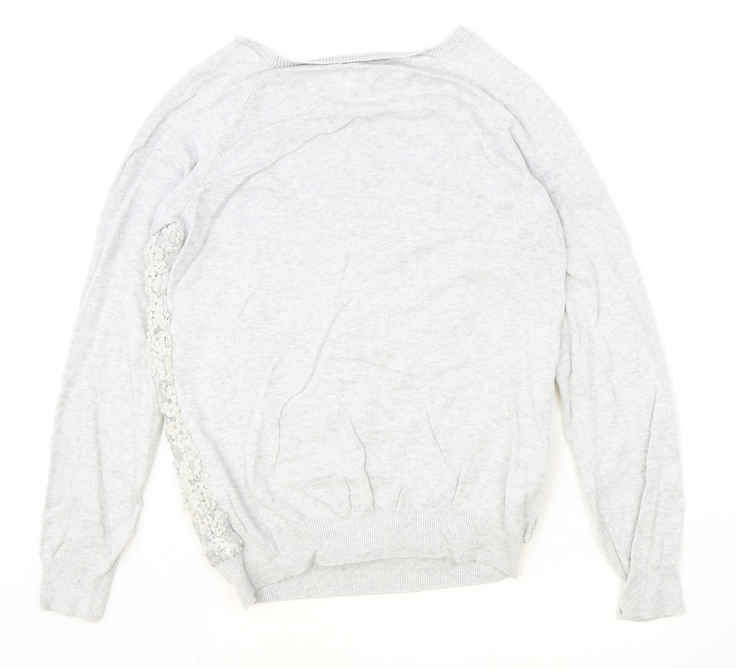 F&F Womens Grey Boat Neck Floral Cotton Pullover Jumper Size 12 - Lace Detail