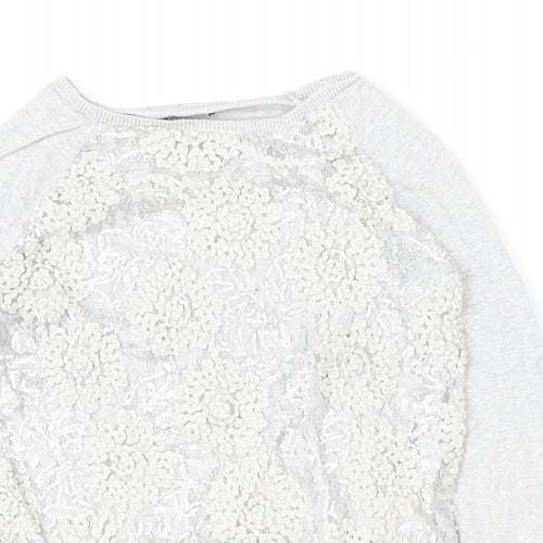 F&F Womens Grey Boat Neck Floral Cotton Pullover Jumper Size 12 - Lace Detail