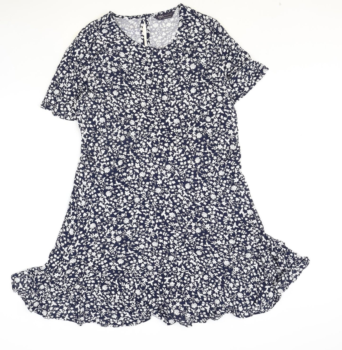 Marks and Spencer Womens Blue Floral Viscose A-Line Size 10 Round Neck Button
