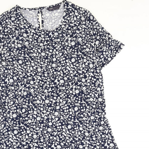 Marks and Spencer Womens Blue Floral Viscose A-Line Size 10 Round Neck Button