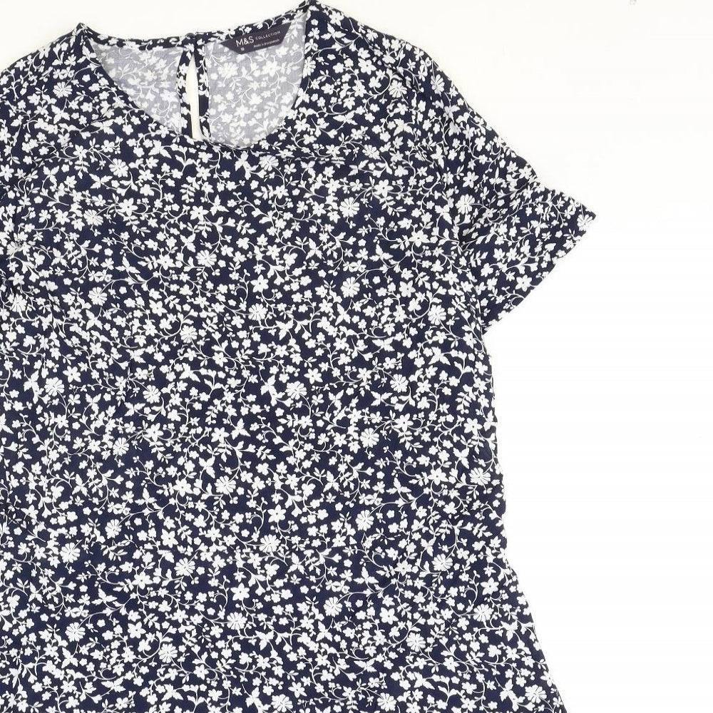Marks and Spencer Womens Blue Floral Viscose A-Line Size 10 Round Neck Button