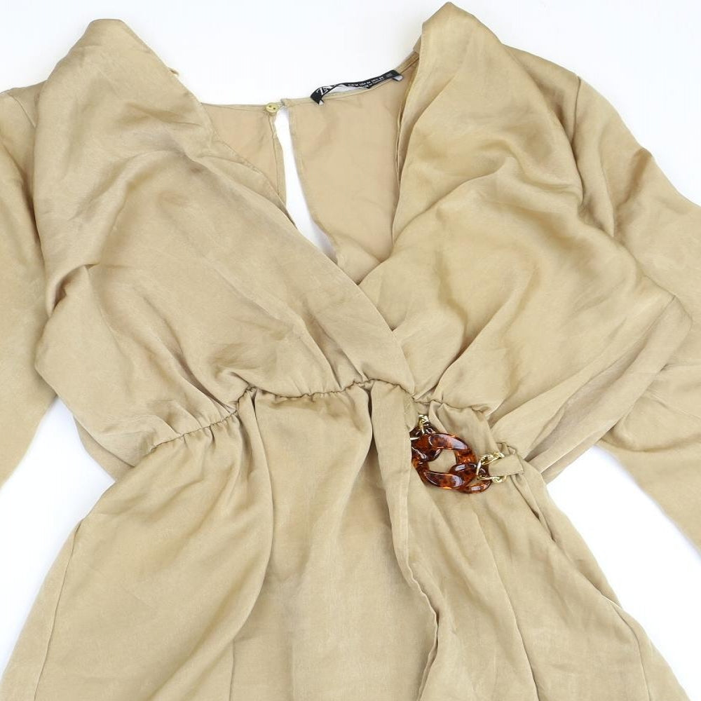 Zara Womens Brown Polyester Playsuit One-Piece Size M Button