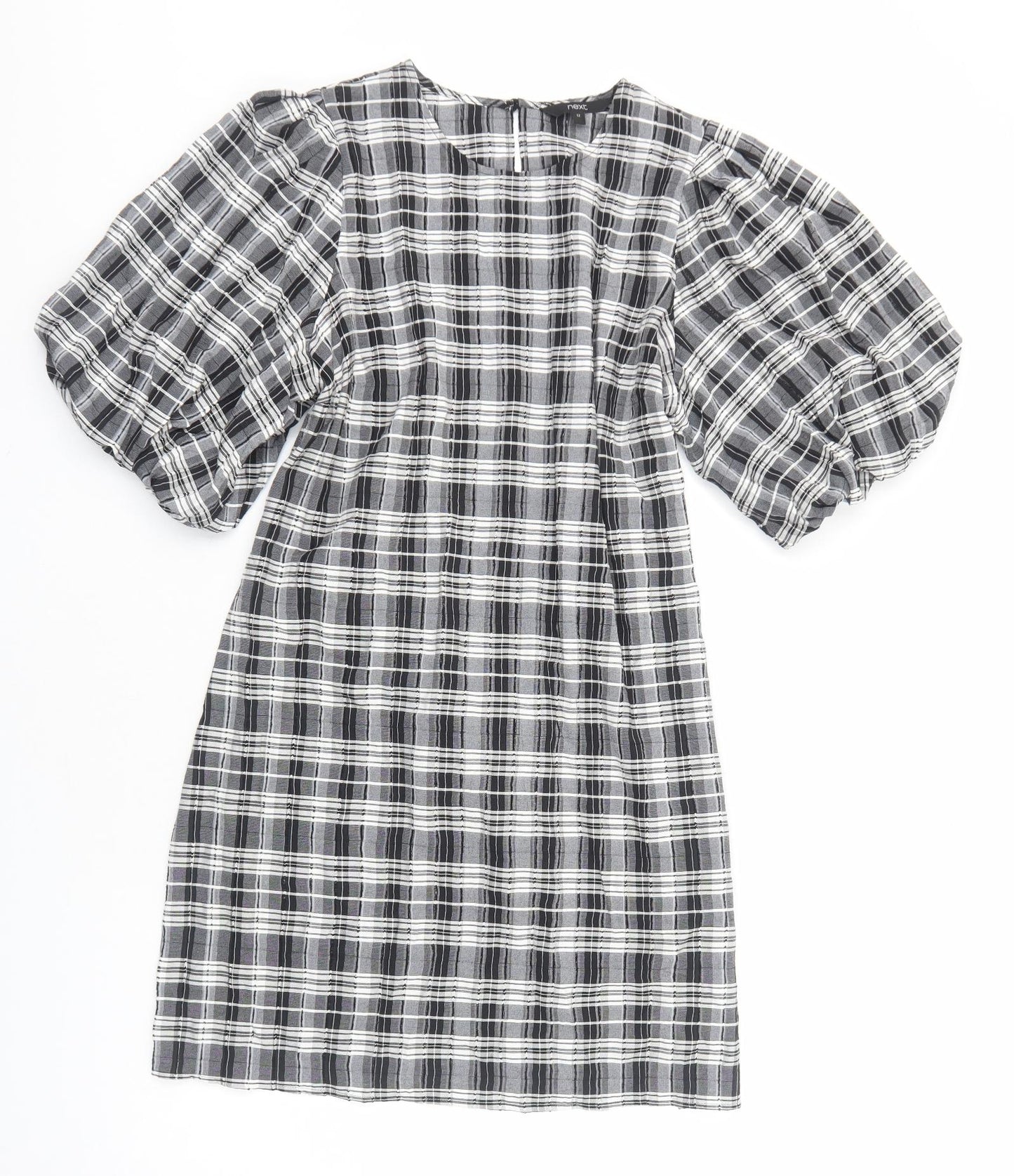 NEXT Womens Black Plaid Viscose Sheath Size 12 Round Neck Pullover - Voluminous Sleeves