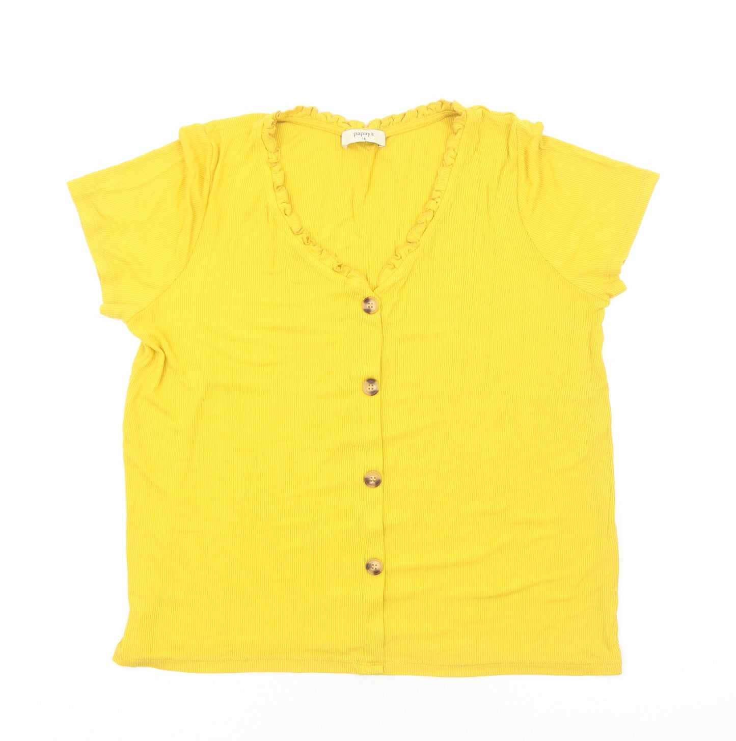 Papaya Womens Yellow Viscose Basic T-Shirt Size 16 V-Neck