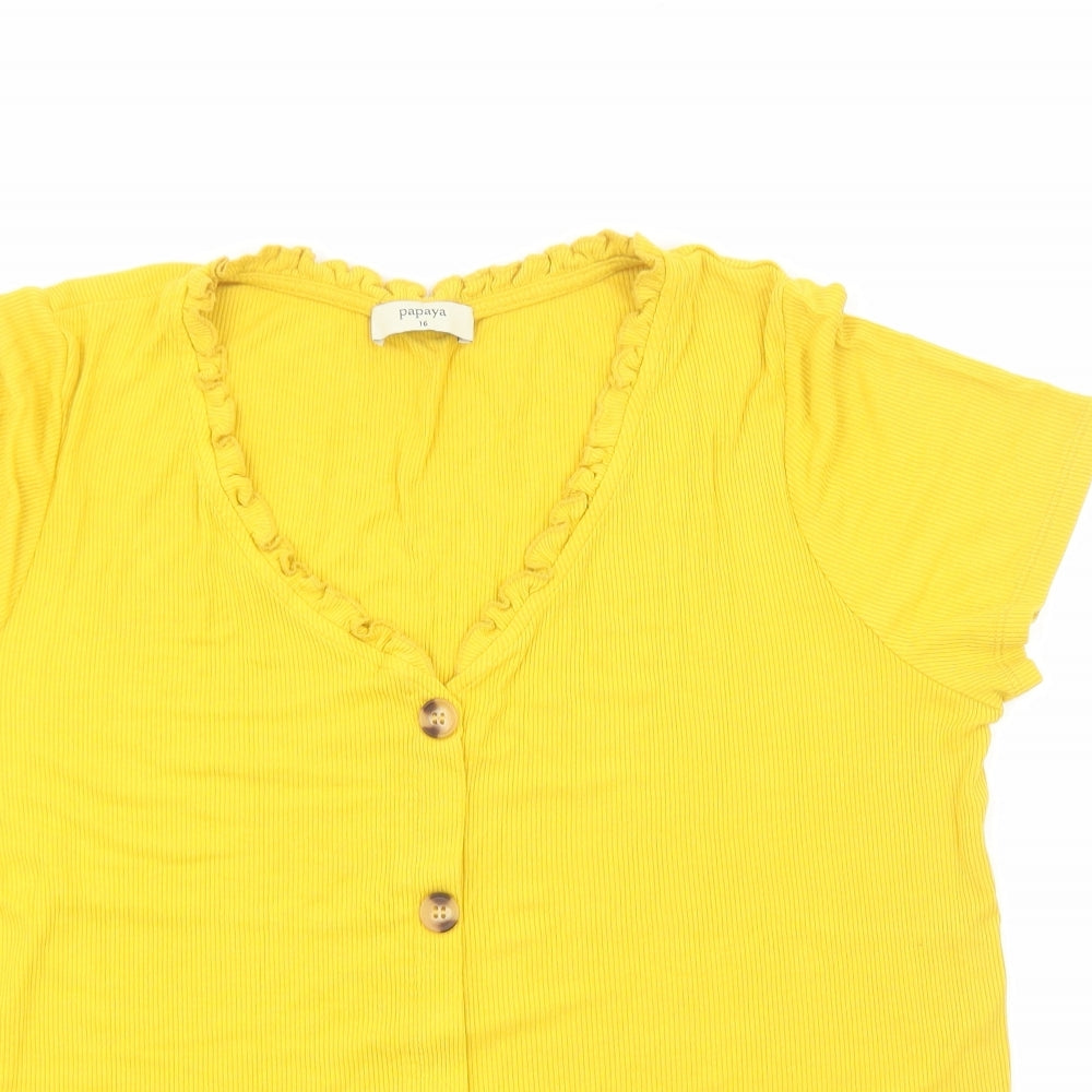 Papaya Womens Yellow Viscose Basic T-Shirt Size 16 V-Neck