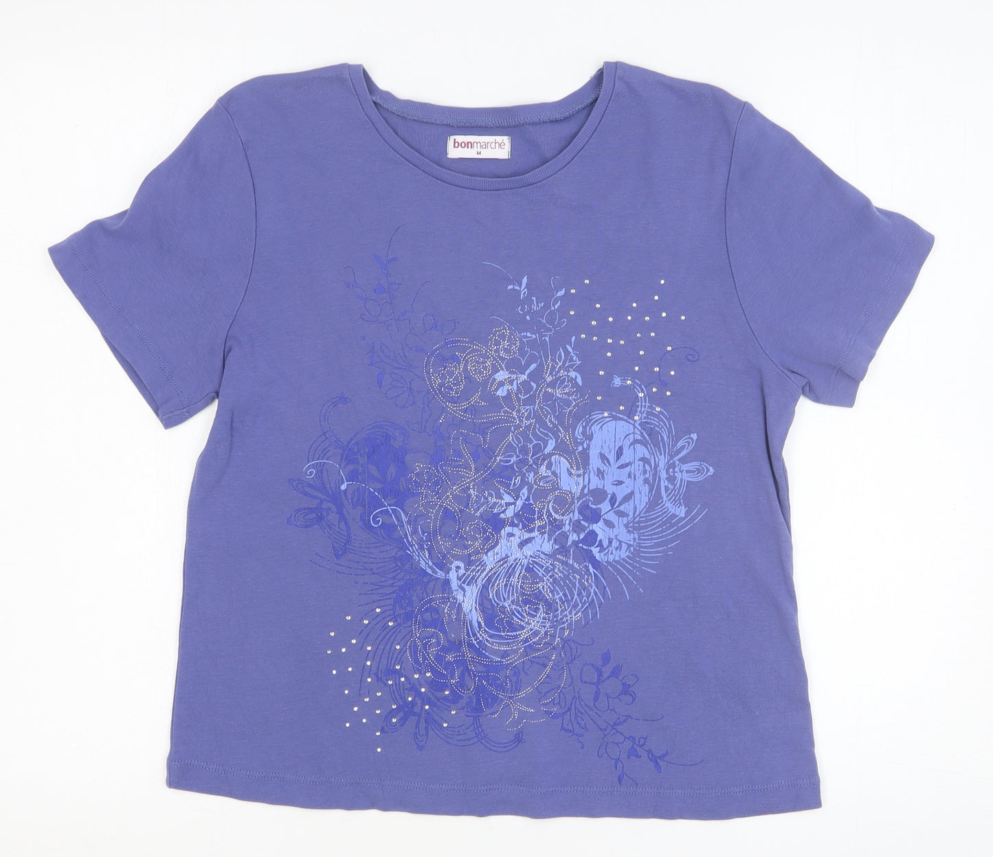 Bonmarché Womens Blue 100% Cotton Basic T-Shirt Size M Round Neck