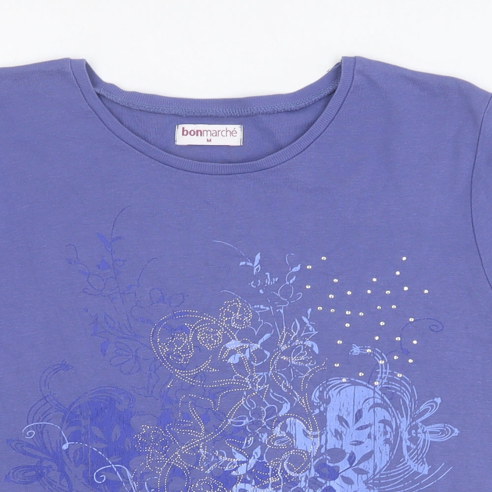 Bonmarché Womens Blue 100% Cotton Basic T-Shirt Size M Round Neck