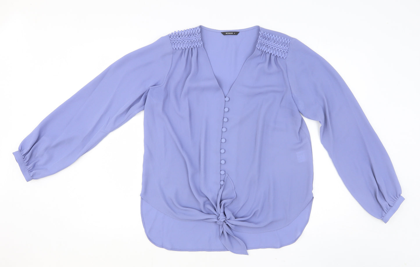 Roman Womens Blue Polyester Basic Blouse Size 12 V-Neck