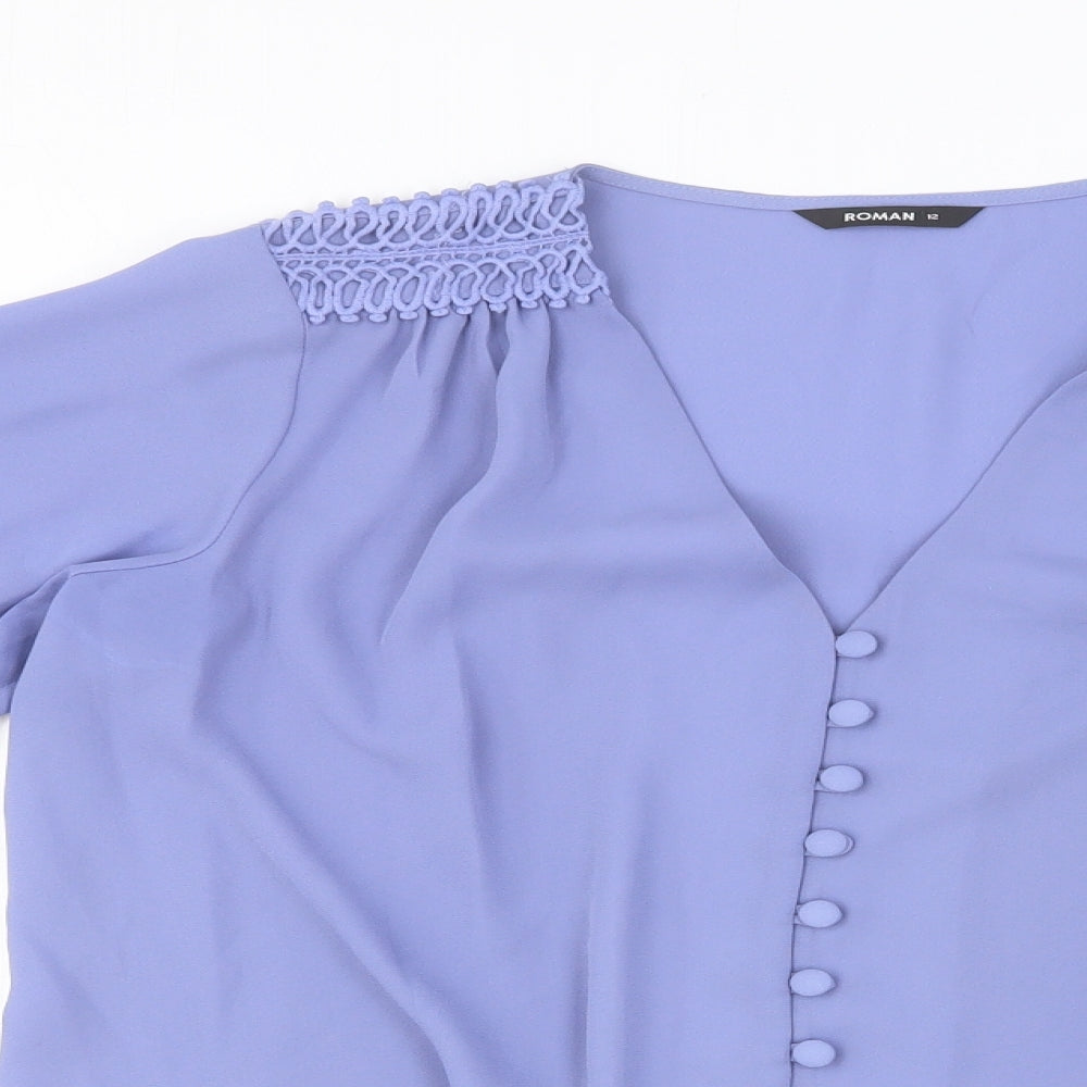 Roman Womens Blue Polyester Basic Blouse Size 12 V-Neck