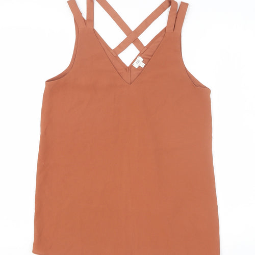 River Island Womens Orange Polyester Basic Tank Size 8 V-Neck - Cross Back Strap Detail
