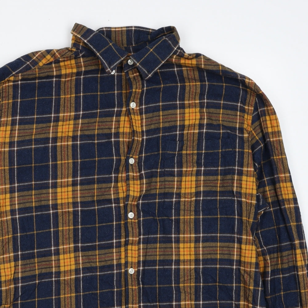 NEXT Mens Blue Plaid Cotton Button-Up Size L Collared Button