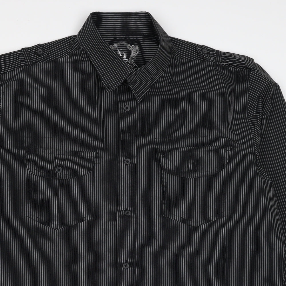 Cedar Wood State Mens Black Striped Polyester Button-Up Size L Collared Button