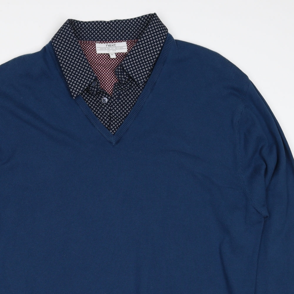 NEXT Mens Blue Collared Cotton Pullover Jumper Size XL Long Sleeve - Shirt Collar Insert