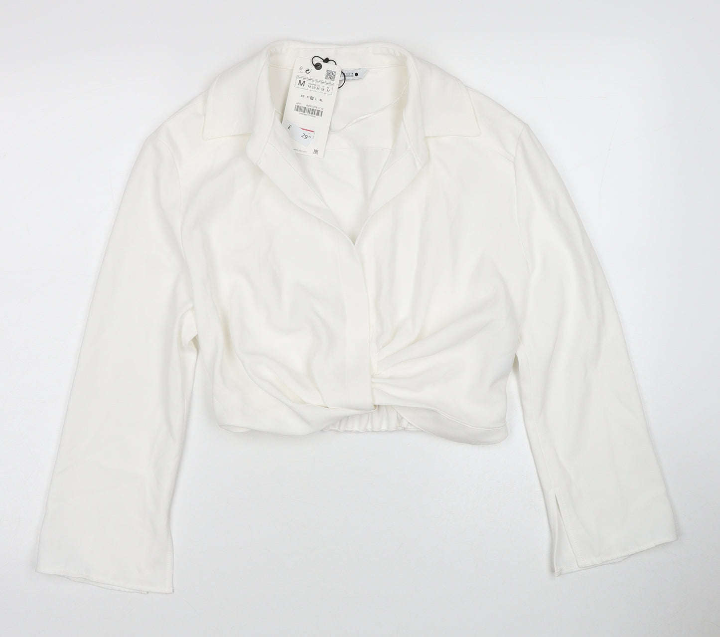 Zara Womens White Polyester Cropped Blouse Size M V-Neck