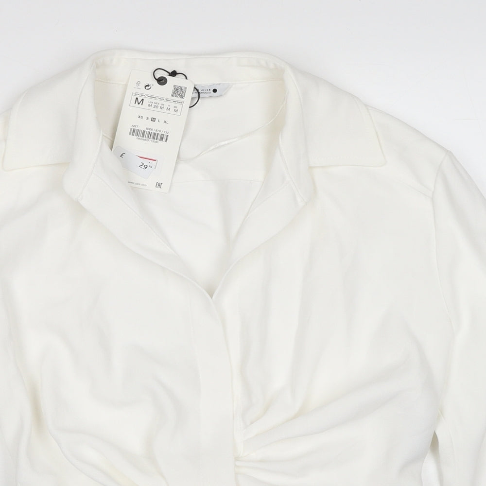 Zara Womens White Polyester Cropped Blouse Size M V-Neck