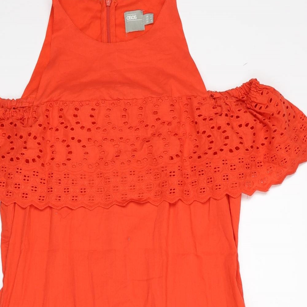 ASOS Womens Red Cotton Fit & Flare Size 12 Round Neck Zip - Cold Shoulder