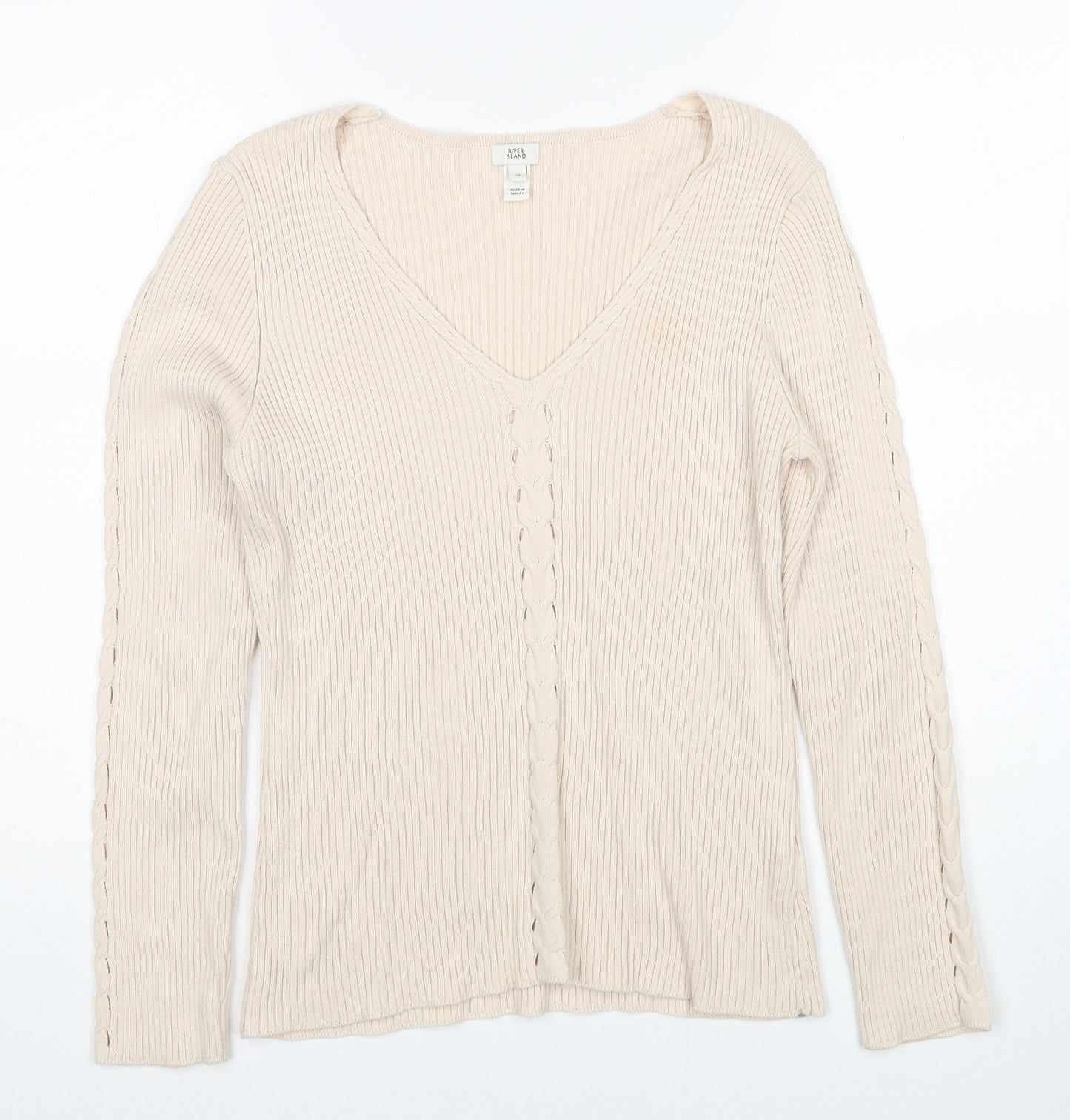River Island Womens Beige V-Neck Cotton Pullover Jumper Size 12 - Ribbed