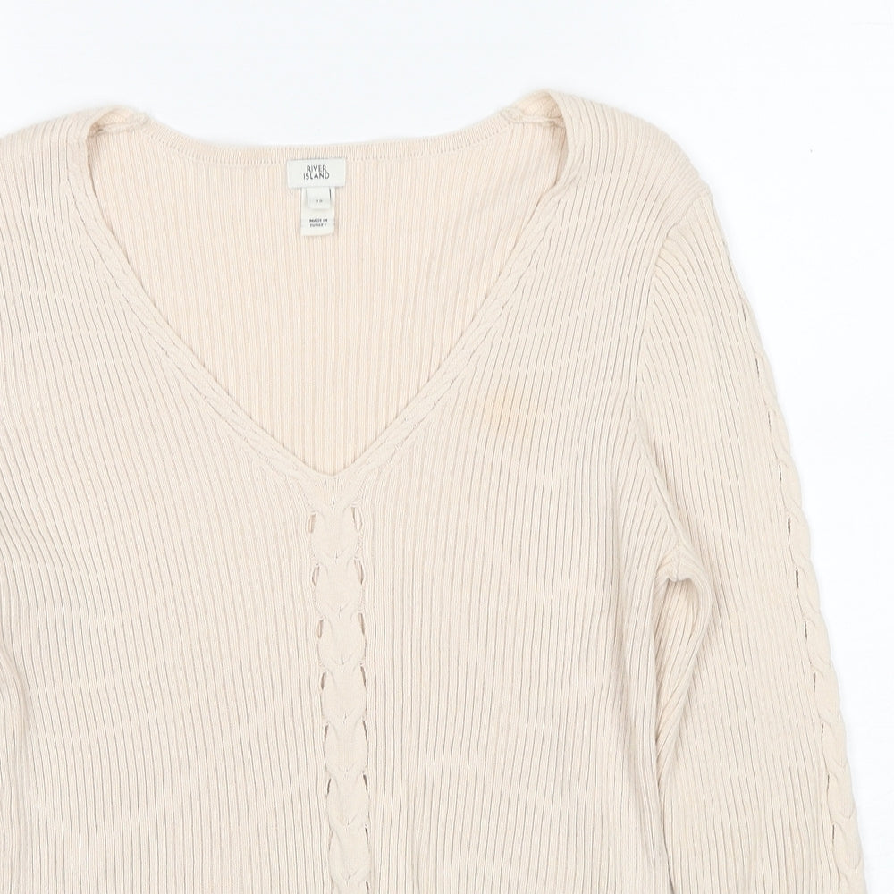 River Island Womens Beige V-Neck Cotton Pullover Jumper Size 12 - Ribbed