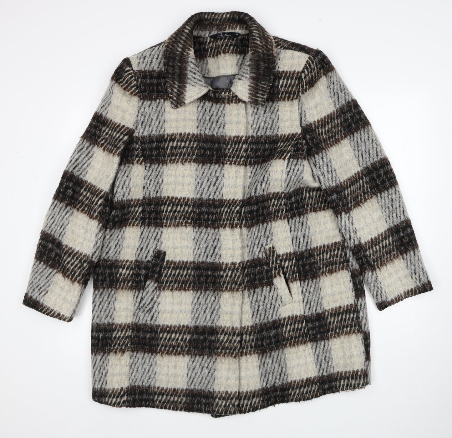 Bonmarché Womens Beige Plaid Overcoat Coat Size 14 Button