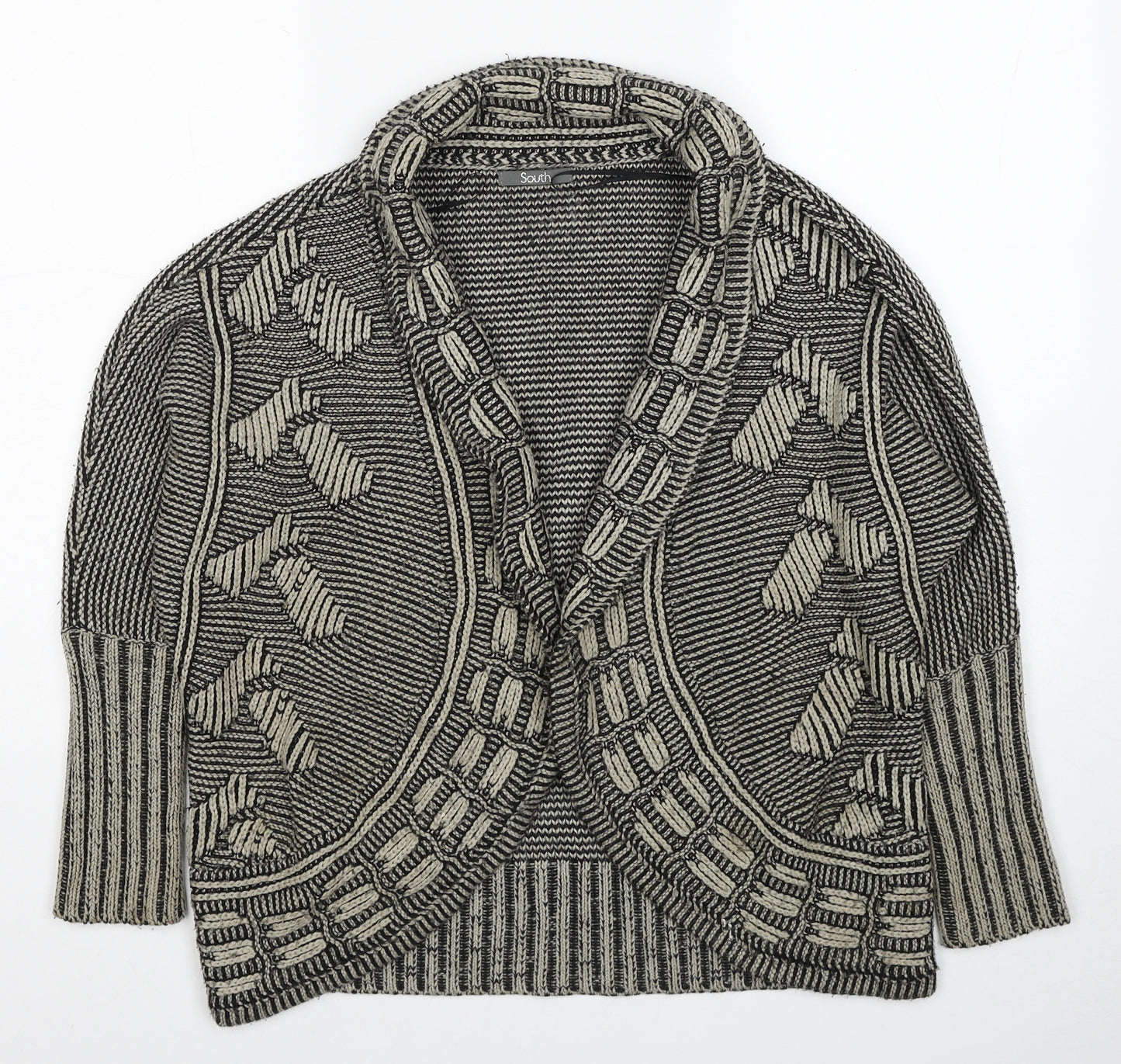 South Womens Beige V-Neck Geometric Acrylic Cardigan Jumper Size 8