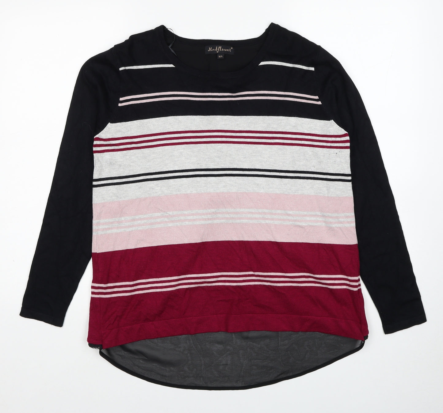 Mud Flower Womens Black Round Neck Striped Viscose Pullover Jumper Size M - Size M-L