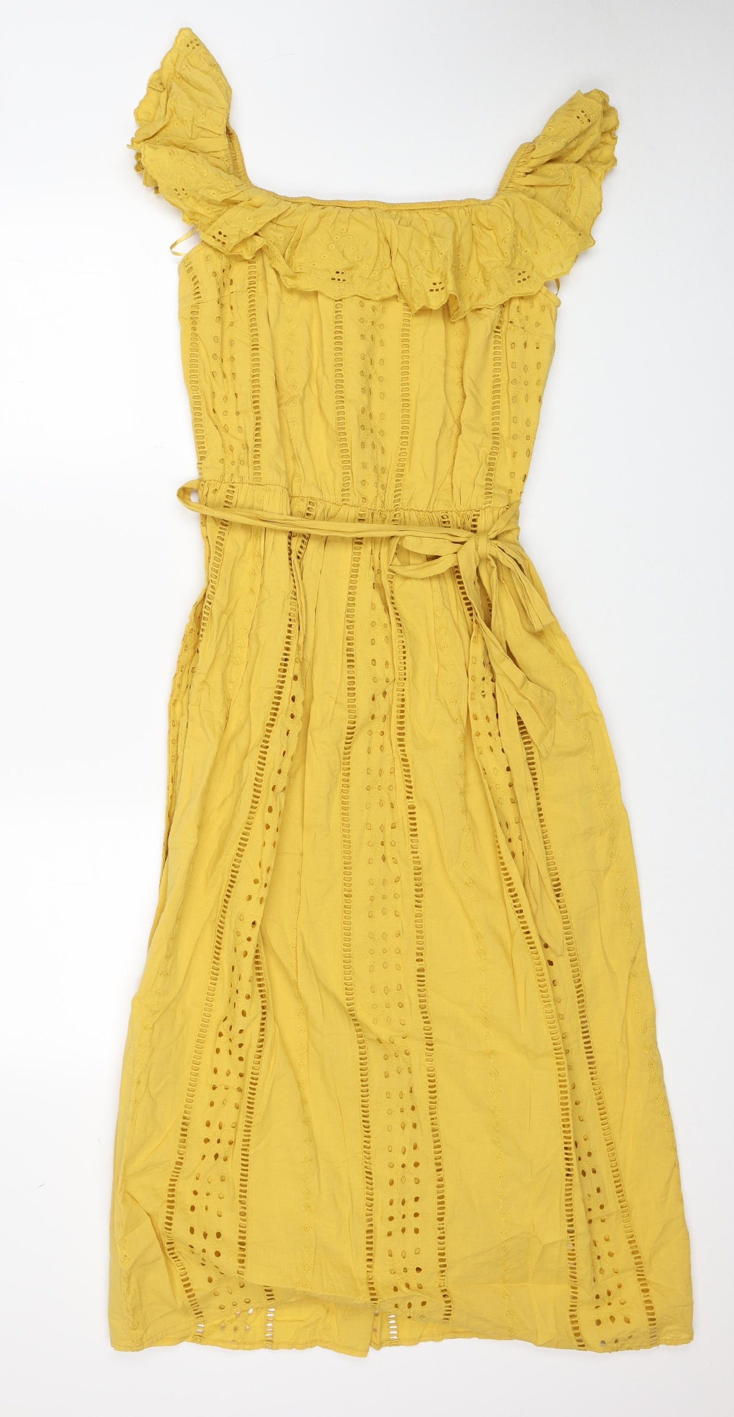 Zara Womens Yellow Cotton Fit & Flare Size M Off the Shoulder Pullover
