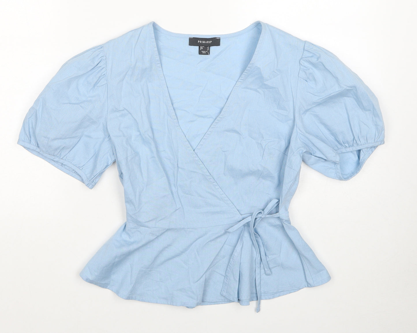 Primark Womens Blue Cotton Wrap Blouse Size 6 V-Neck