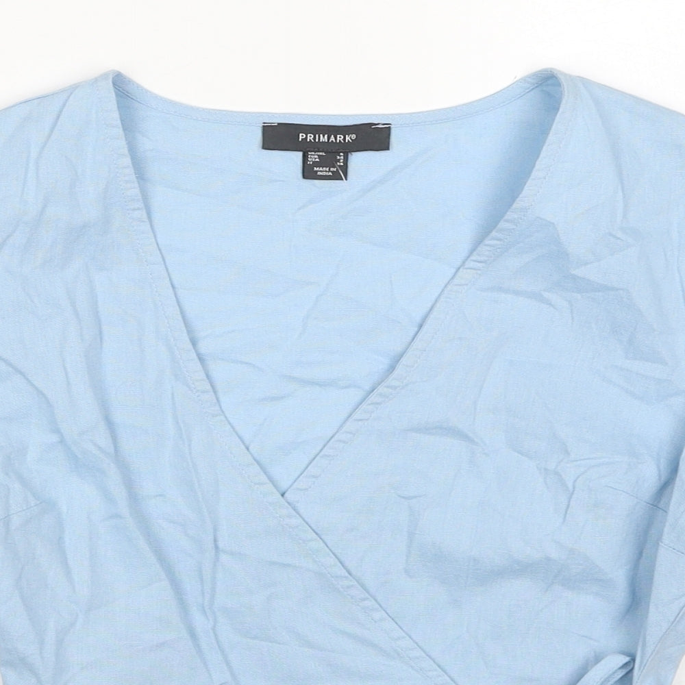Primark Womens Blue Cotton Wrap Blouse Size 6 V-Neck