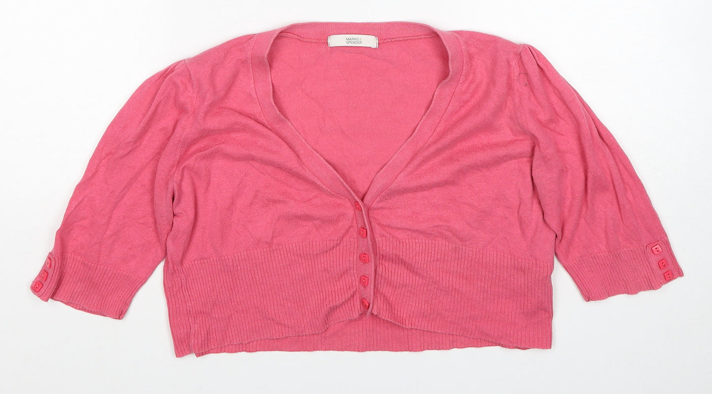 Marks and Spencer Womens Pink V-Neck Cotton Cardigan Jumper Size 12