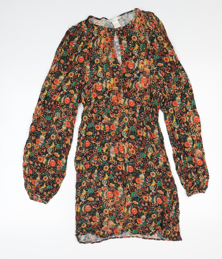 H&M Womens Multicoloured Floral Viscose A-Line Size 6 Round Neck Button