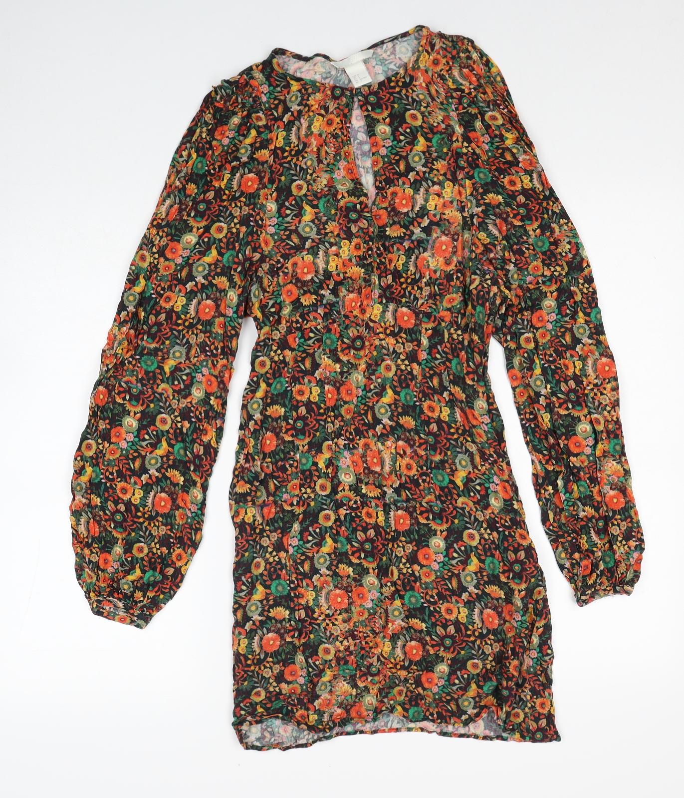 H&M Womens Multicoloured Floral Viscose A-Line Size 6 Round Neck Button