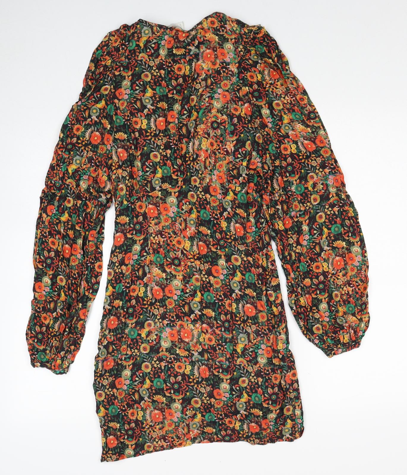 H&M Womens Multicoloured Floral Viscose A-Line Size 6 Round Neck Button