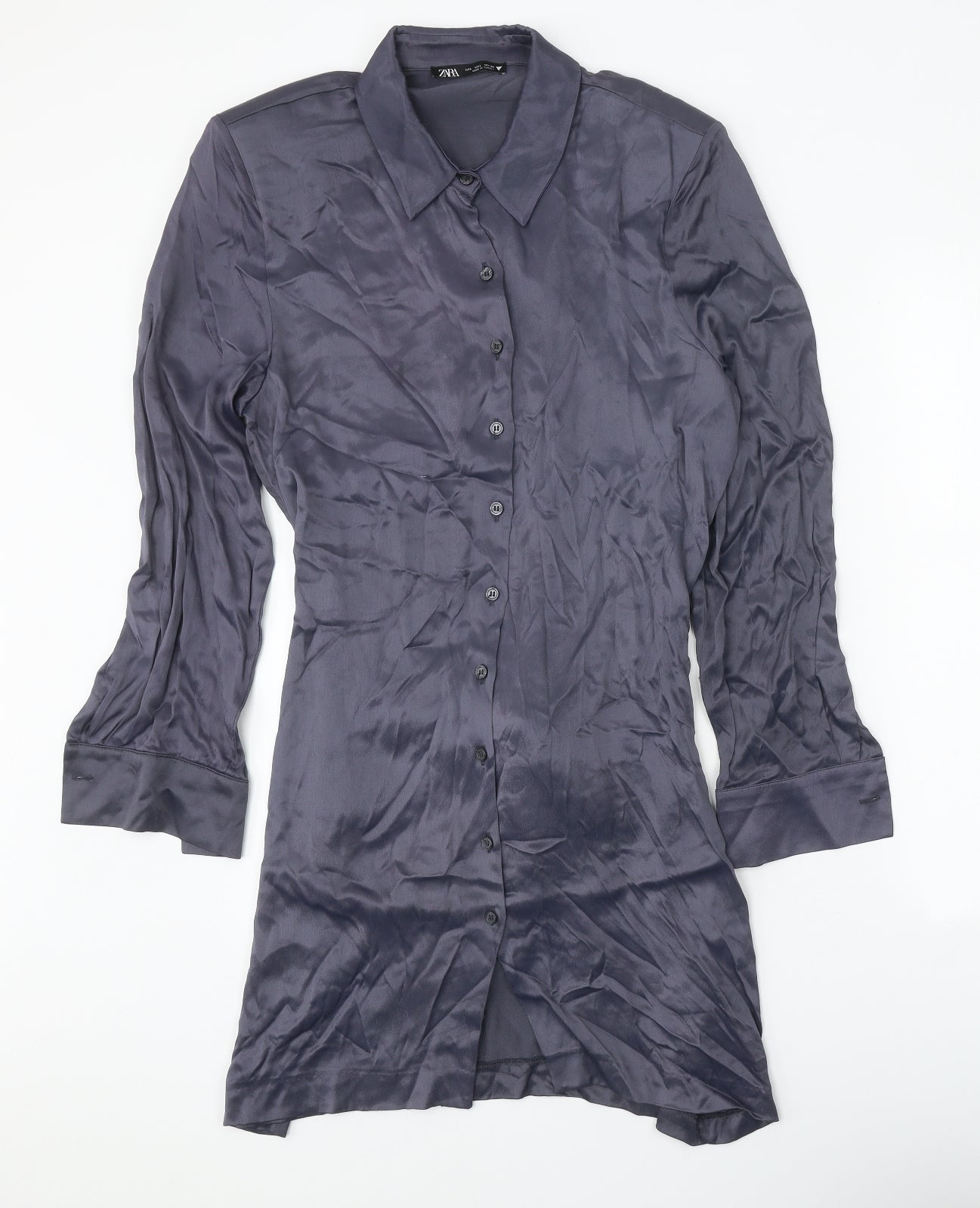 Zara Womens Grey Viscose Shirt Dress Size L Collared Button