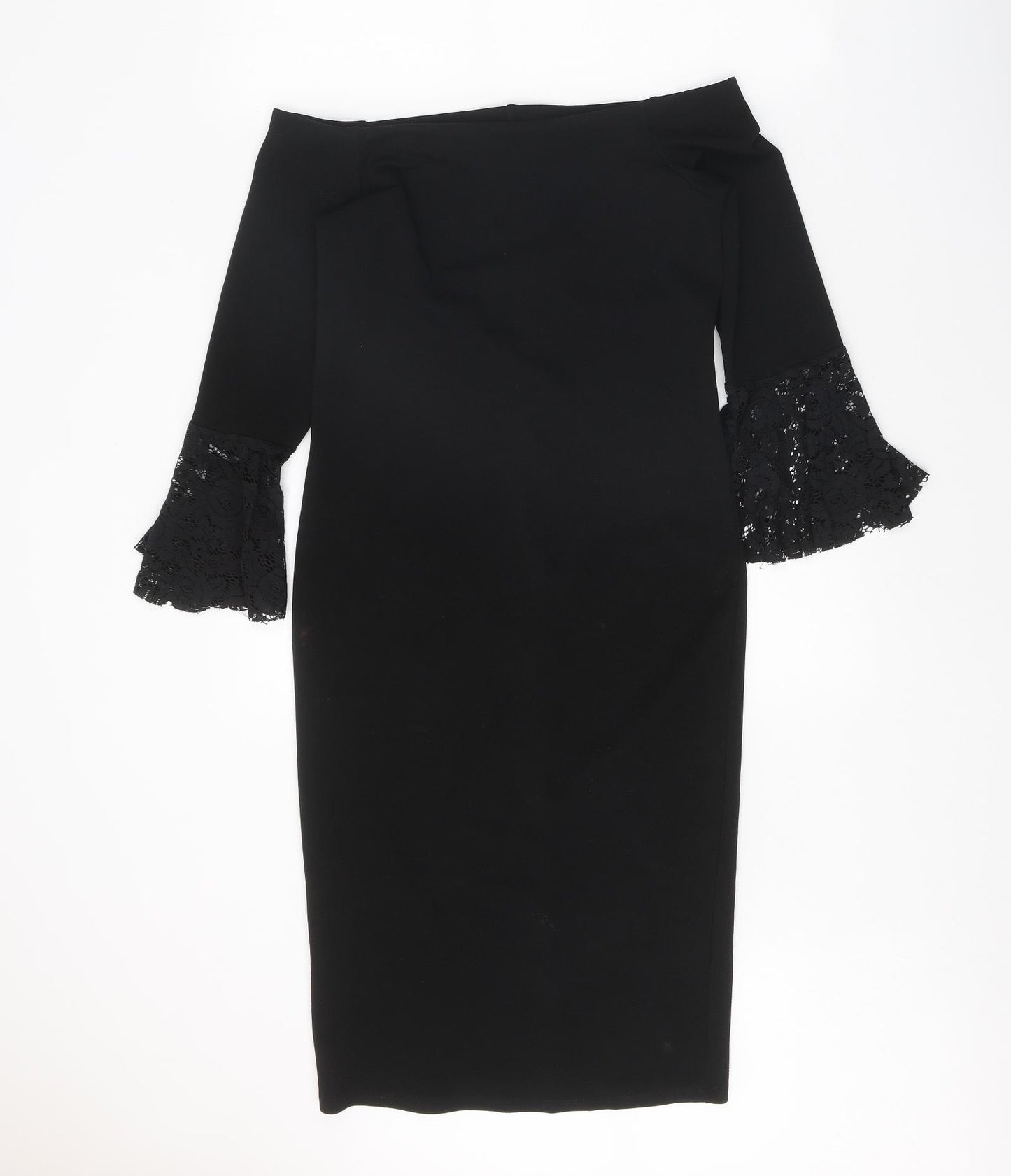 Preworn Womens Black Polyester Pencil Dress One Size Off the Shoulder Pullover - Lace Sleeve