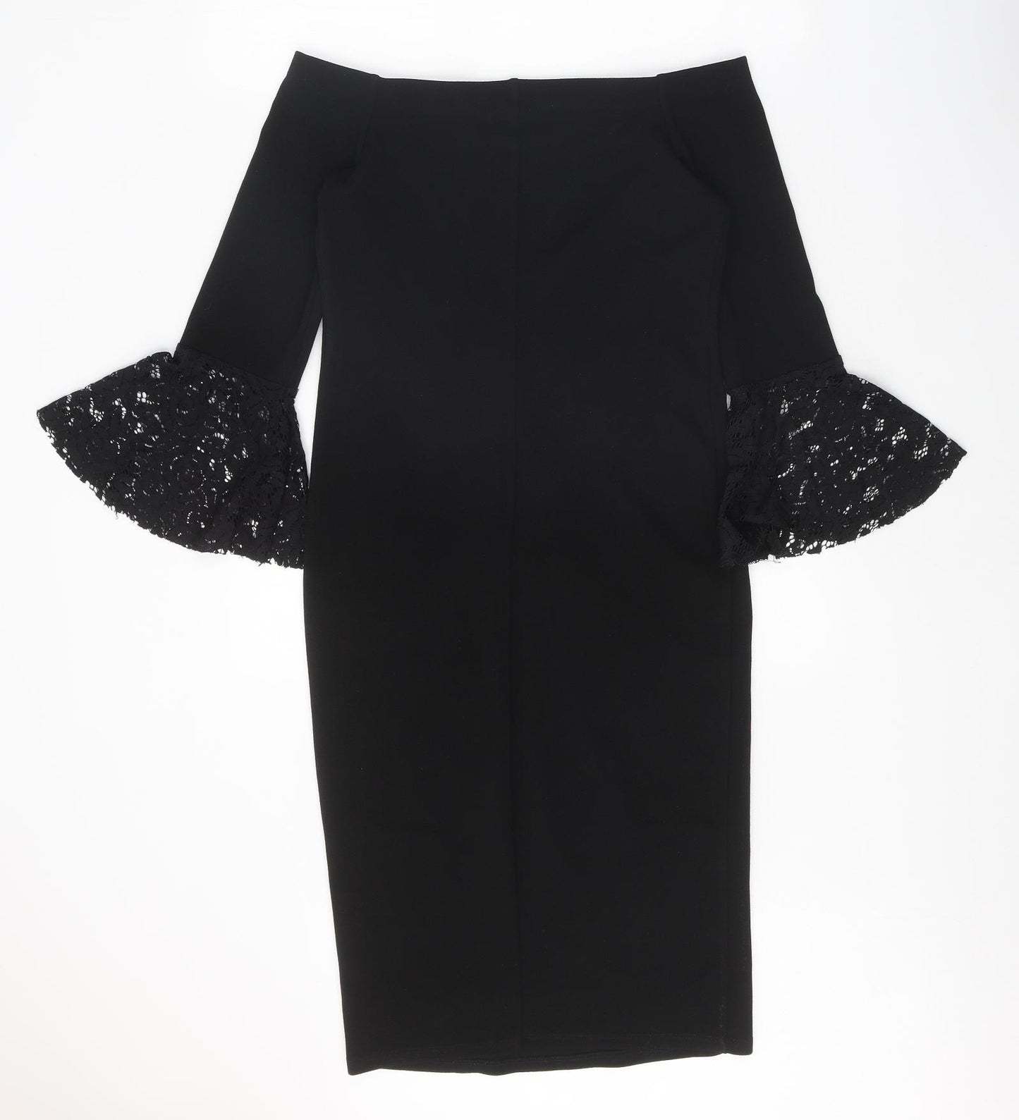 Preworn Womens Black Polyester Pencil Dress One Size Off the Shoulder Pullover - Lace Sleeve