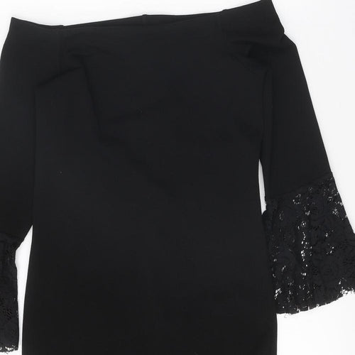 Preworn Womens Black Polyester Pencil Dress One Size Off the Shoulder Pullover - Lace Sleeve