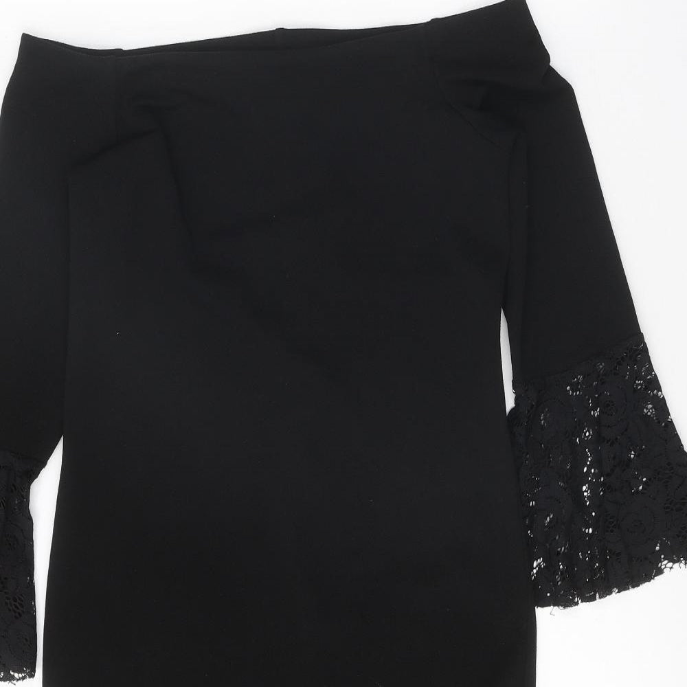 Preworn Womens Black Polyester Pencil Dress One Size Off the Shoulder Pullover - Lace Sleeve