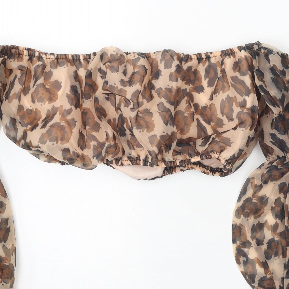 Katchme Womens Brown Animal Print Polyester Cropped Blouse Size M Off the Shoulder - Leopard Pattern