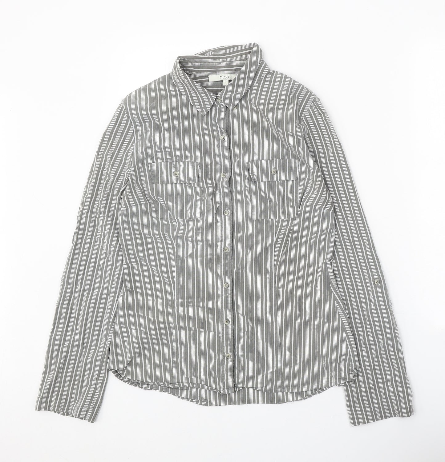 NEXT Womens Grey Striped Cotton Basic Button-Up Size 12 Collared