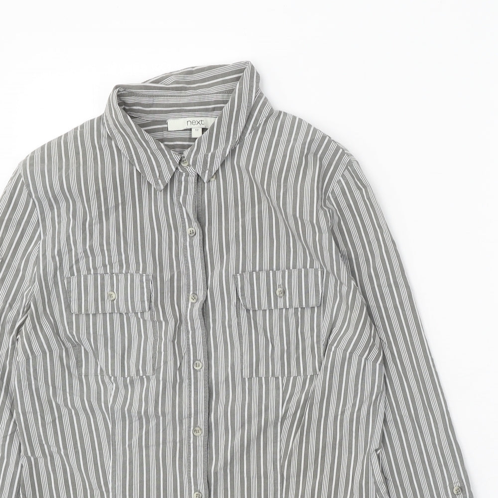 NEXT Womens Grey Striped Cotton Basic Button-Up Size 12 Collared