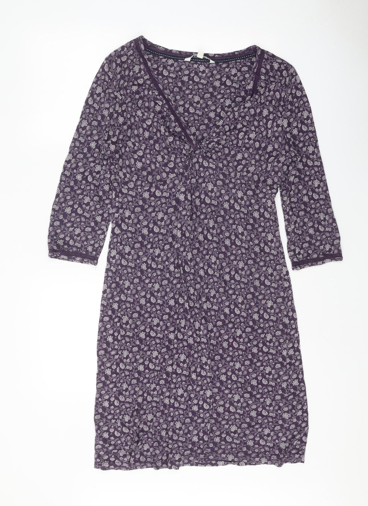 Fat Face Womens Purple Floral Viscose A-Line Size 14 V-Neck Pullover