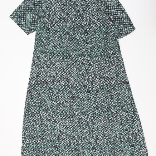 Sempre Womens Green Geometric Polyester Shirt Dress Size 10 Collared Button