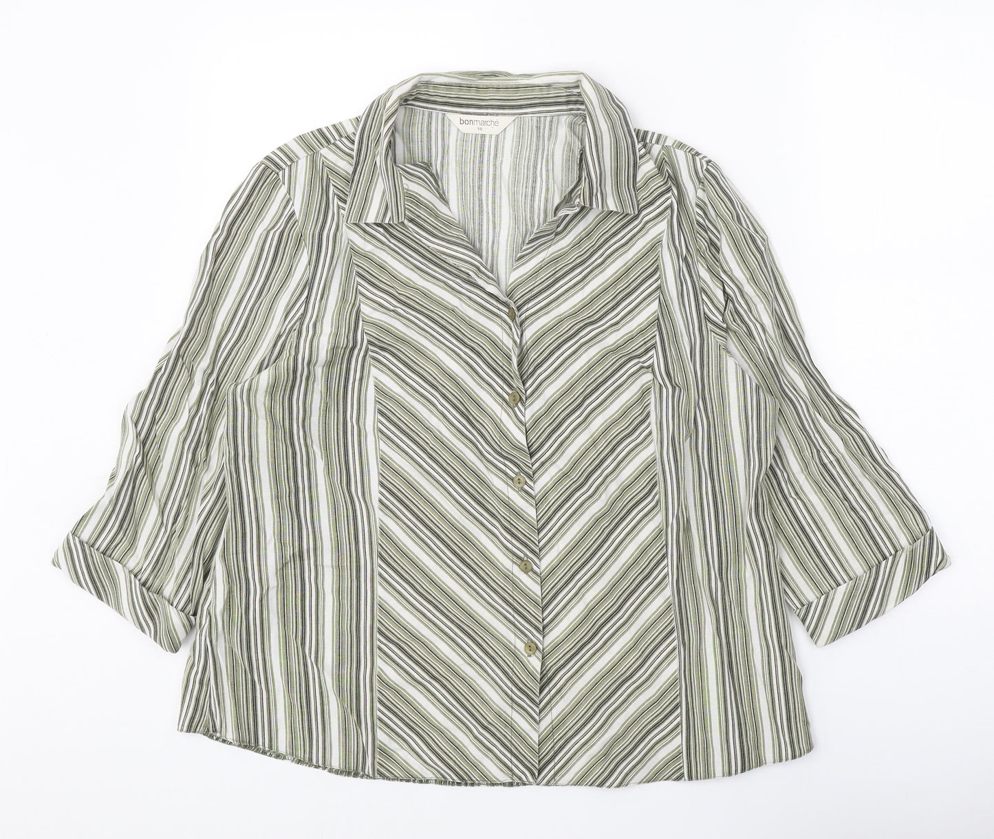 Bonmarché Womens Green Striped Viscose Basic Button-Up Size 18 V-Neck