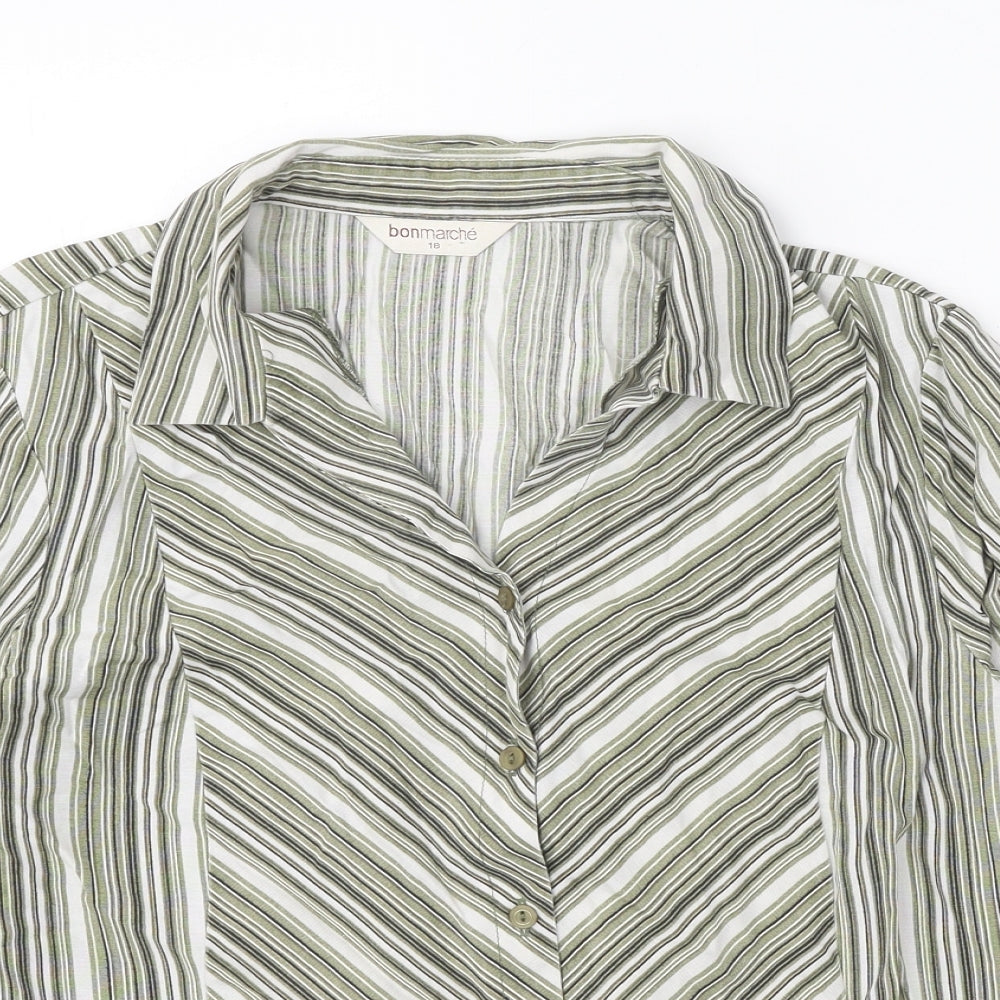 Bonmarché Womens Green Striped Viscose Basic Button-Up Size 18 V-Neck
