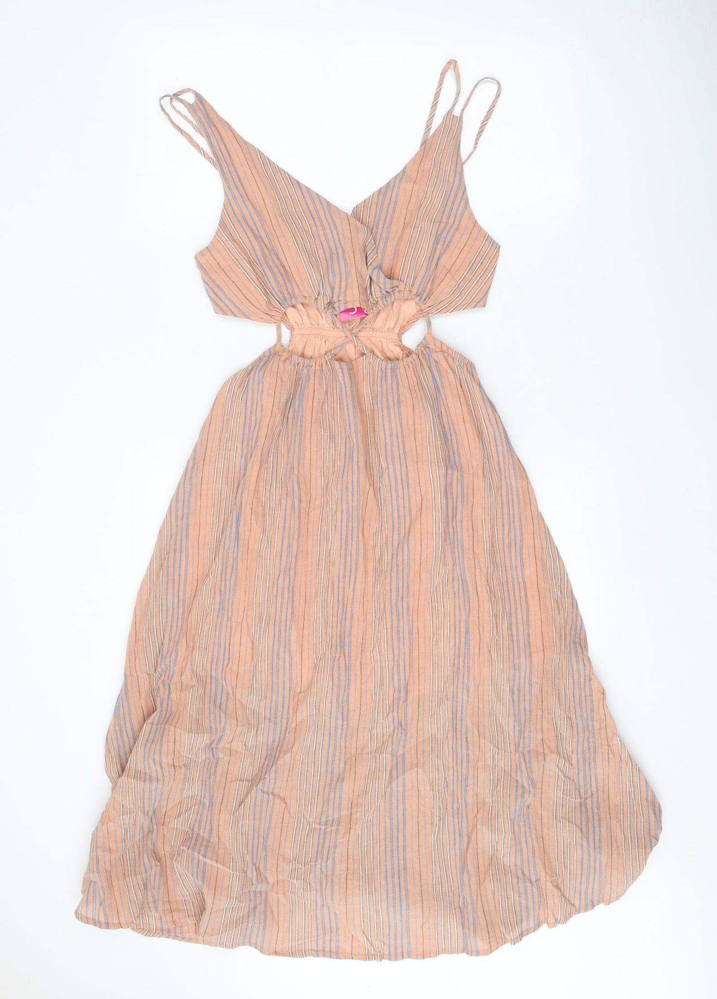 SheIn Womens Orange Striped 100% Cotton Fit & Flare Size S V-Neck Pullover