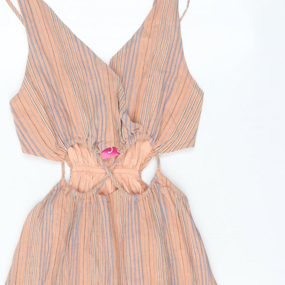 SheIn Womens Orange Striped 100% Cotton Fit & Flare Size S V-Neck Pullover