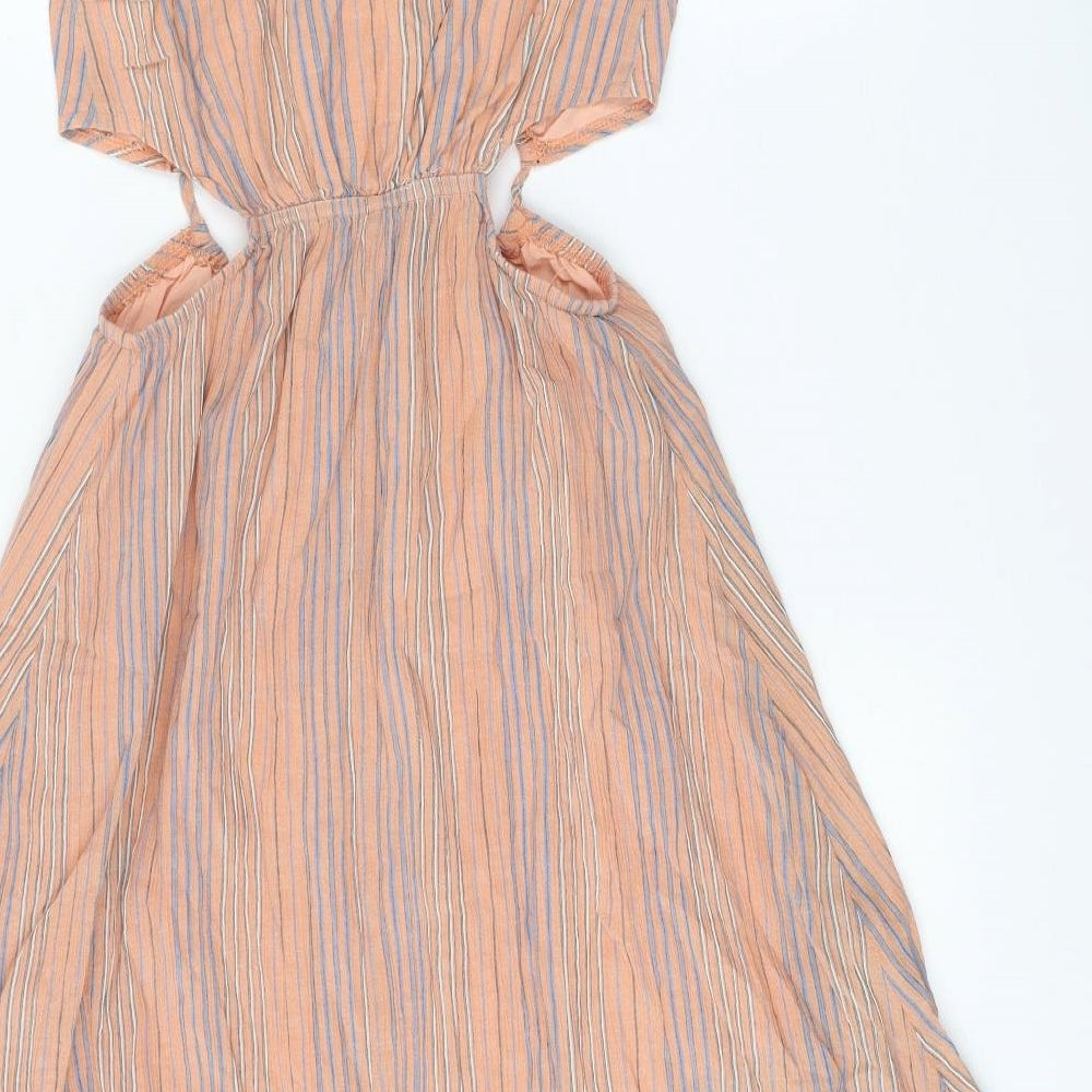SheIn Womens Orange Striped 100% Cotton Fit & Flare Size S V-Neck Pullover